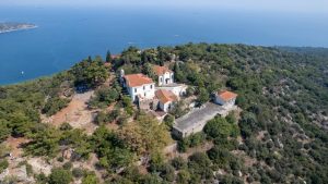 Aerial photo of Aya Yorgi Church nestled on scenic Büyükada Island, İstanbul, Türkiye.